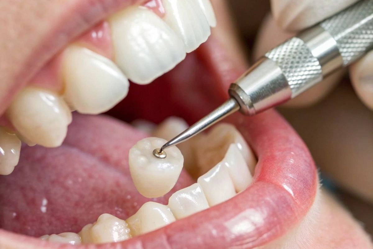 Dental bonding tool repairing a tooth with composite resin.